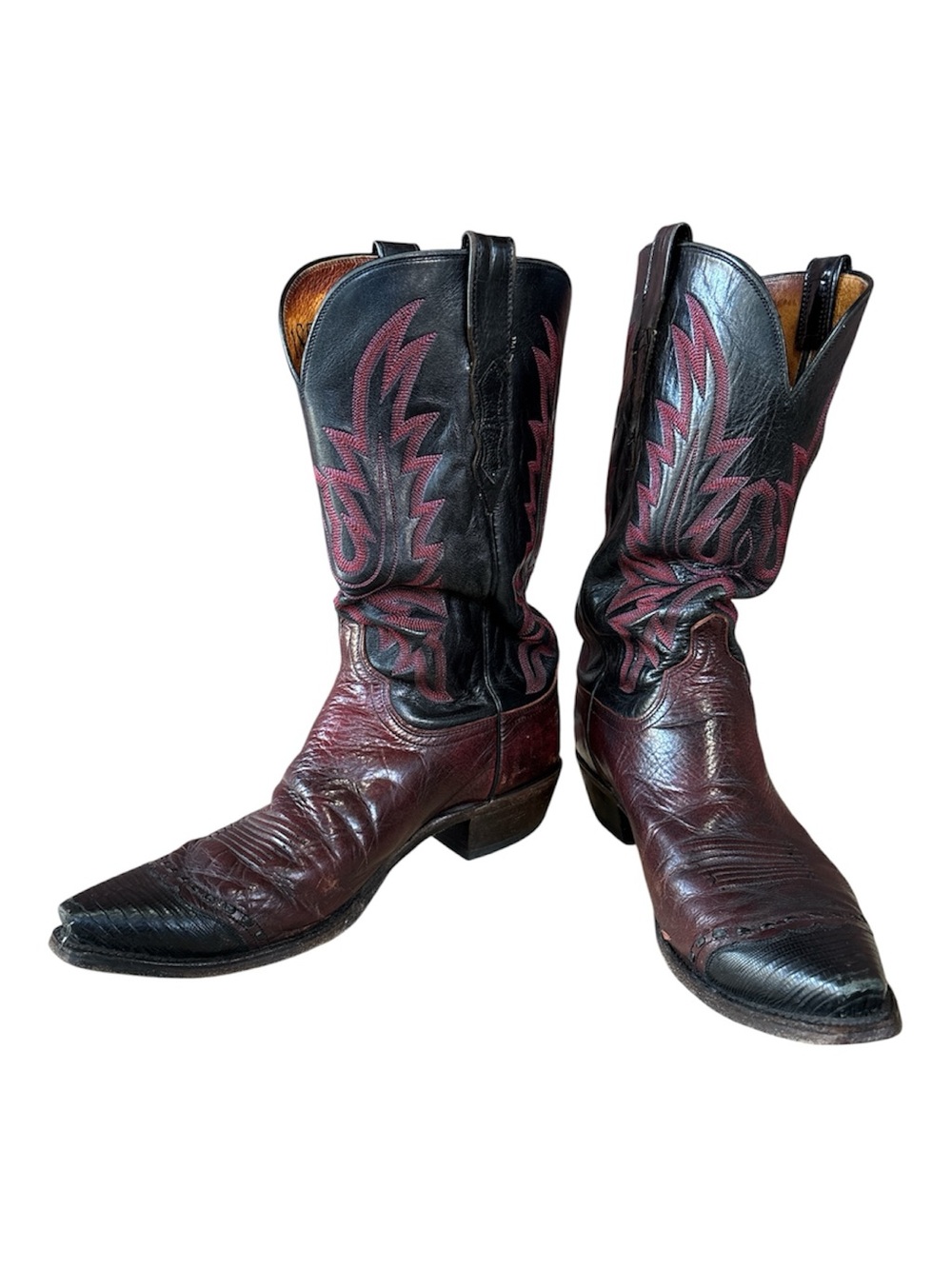 Men's Two-Tone Lucchese Cowboy Boots - Burgundy Leather with Lizard Toe